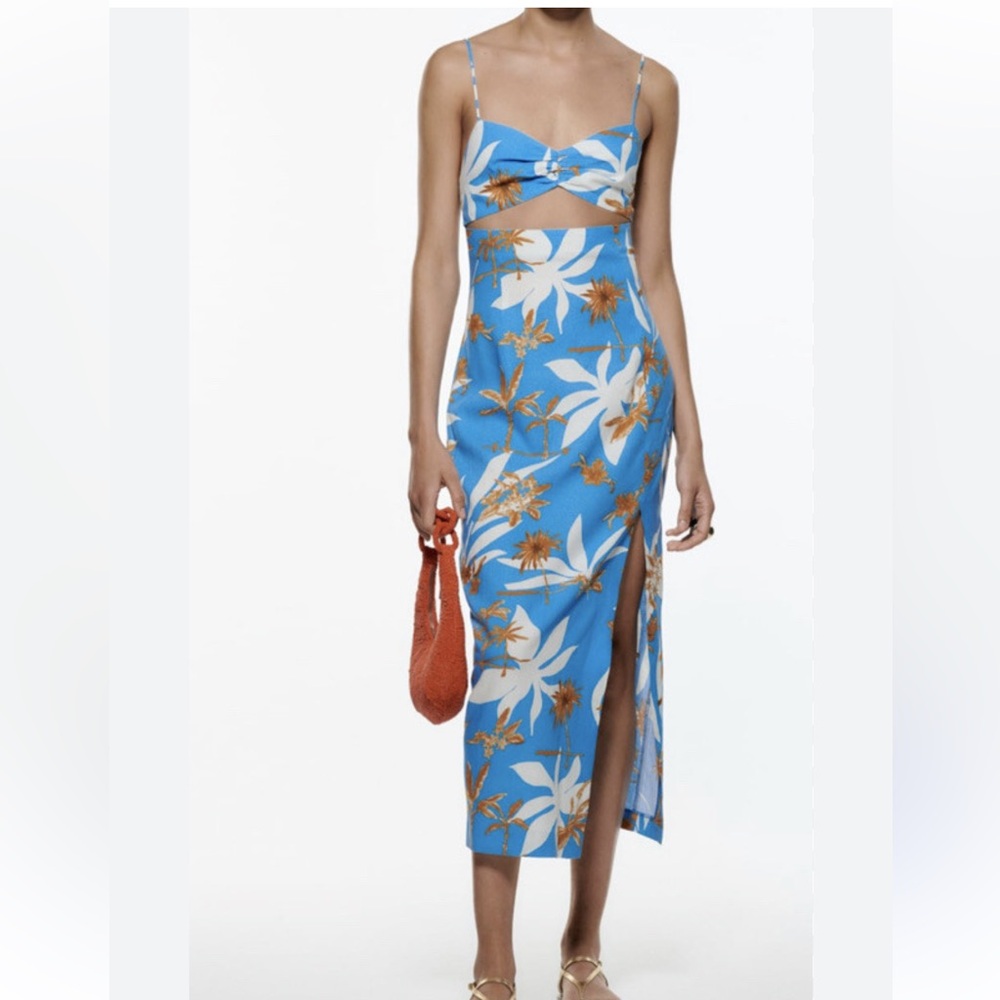 Zara Blue and White Floral Midi Dress